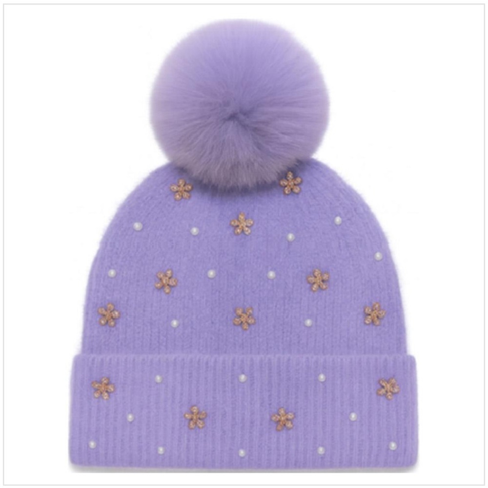 Elegant Purple Beanie with Pom-Pom and Floral Accents